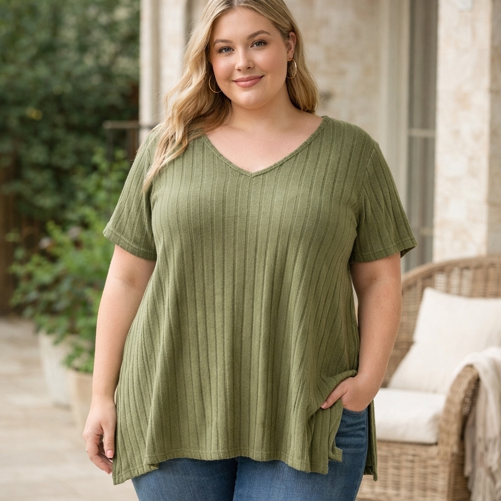 FLASH SALE Plus Size 2XL Olive Green Ribbed Knit V-Neck Tunic Top Short Sleeve